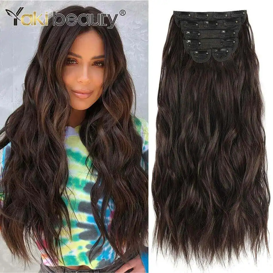 Synthetic Long Wavy 5 Clip in Hair Extensions 22Inch Synthetic Fiber Heat Resistant Hairpiece Black Pink False Hair Daily Use