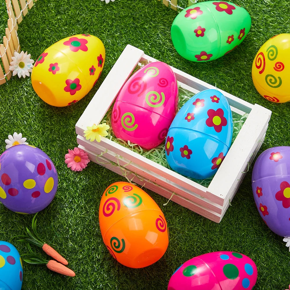12 Pcs Large Printed Easter Eggs, 6" Jumbo Plastic Empty Fillable for Easter Egg Hunt, Basket Stuffers/Fillers, Filling Treats, Party Favors Supplies, Classroom Prizes