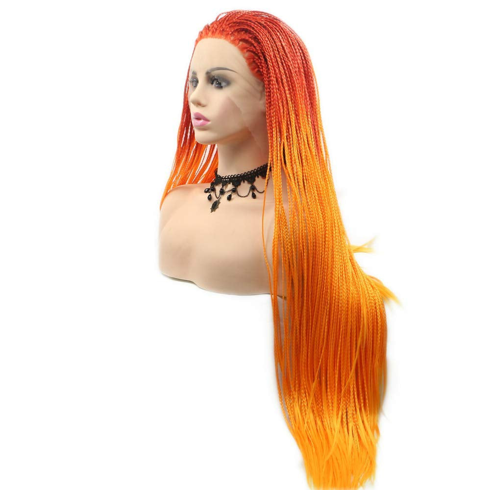 Long Braided Wig Ombre Orange Fluorescent Orange Braided Lace Front Wigs for Women Hand Knoted-Braided Hair Soft Braids Orange Glueless Synthetic Box Micro Braid Wig Cosplay Makeup Daily 24Inch
