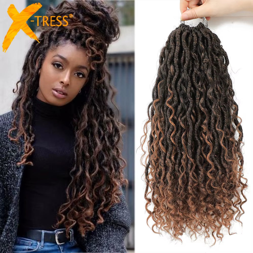 Synthetic Crochet Braids Hair Passion Twist River Goddess Braiding Hair Extension Ombre Brown Faux Locs with Curly Hair X-TRESS