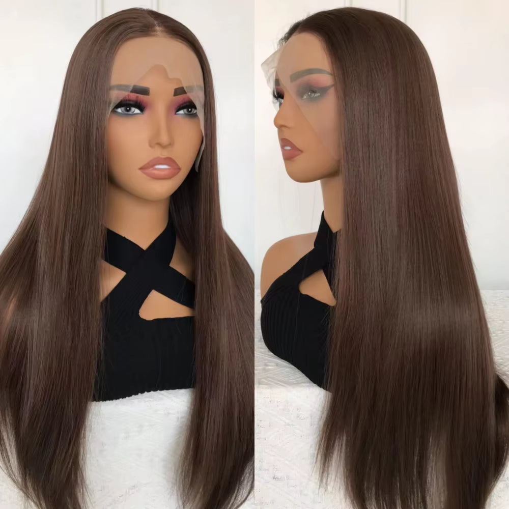 Highlight Brown 13X4 Lace Front Wig Long Straight Synthetic Lace Wigs for Women Middle Part Highlight Blonde Balayage Lace Wig