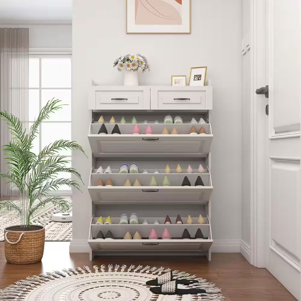 31.5 In. W X 47 In. H 24-Pair White Wood Foldable Shoe Storage Cabinet with 3-Doors 2-Drawers Shoe Rack Organizer