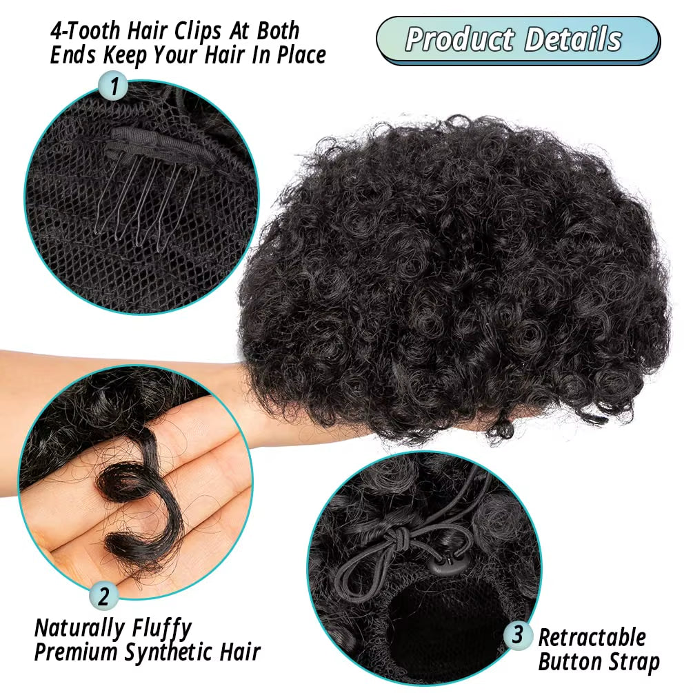 Synthetic Large Afro Puff Drawstring Ponytail Kinky Curly Hair Bun Piece with Clips in Updo Extensions for Black Women