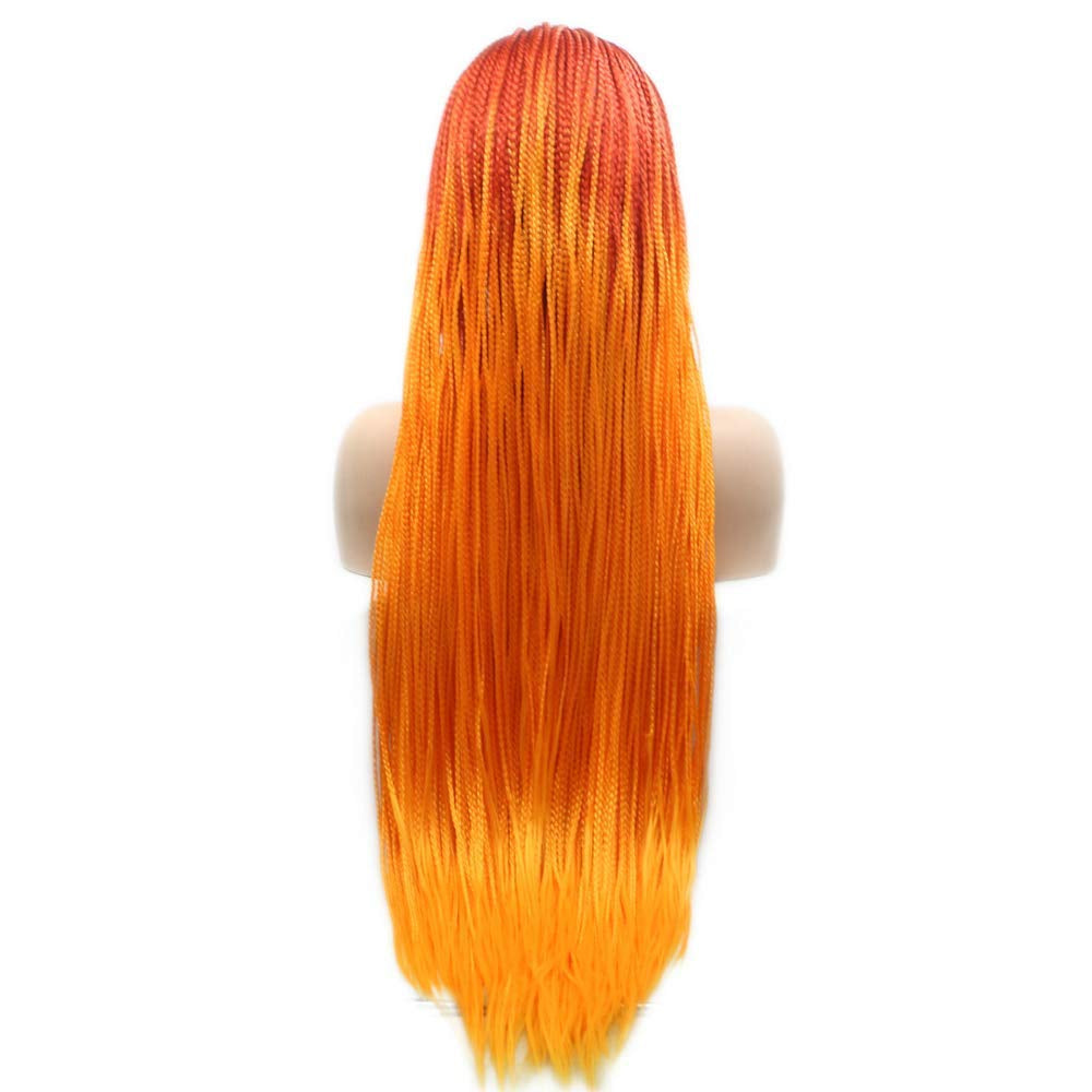 Long Braided Wig Ombre Orange Fluorescent Orange Braided Lace Front Wigs for Women Hand Knoted-Braided Hair Soft Braids Orange Glueless Synthetic Box Micro Braid Wig Cosplay Makeup Daily 24Inch