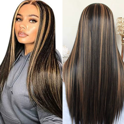 Highlight Brown 13X4 Lace Front Wig Long Straight Synthetic Lace Wigs for Women Middle Part Highlight Blonde Balayage Lace Wig