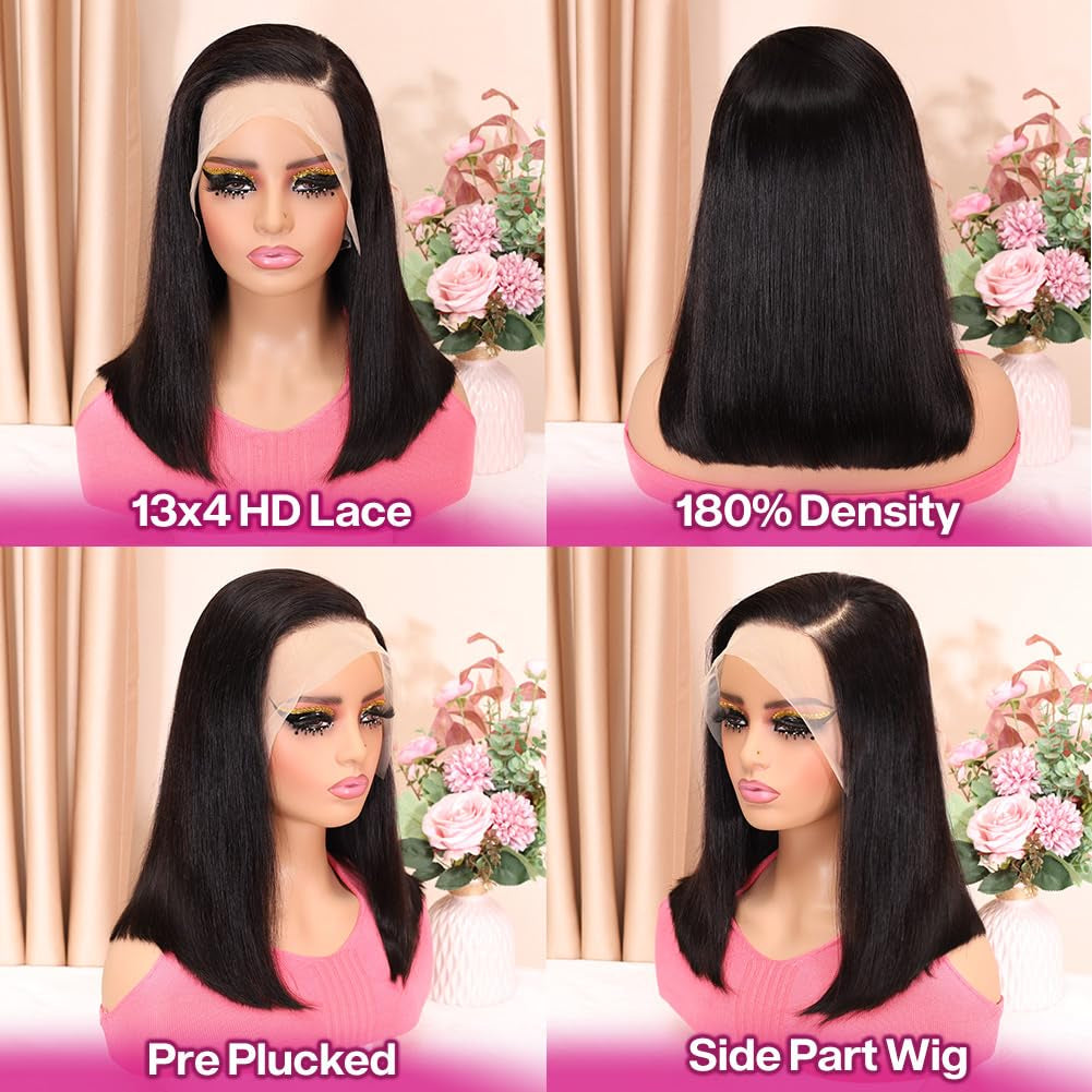 Bob Wig Human Hair 13X4 HD Lace Front Wig Glueless Wigs Human Hair Pre Plucked Short Bob Lace Front Wigs Human Hair for Black Women Nature Hairline 14 Inch 180% Density