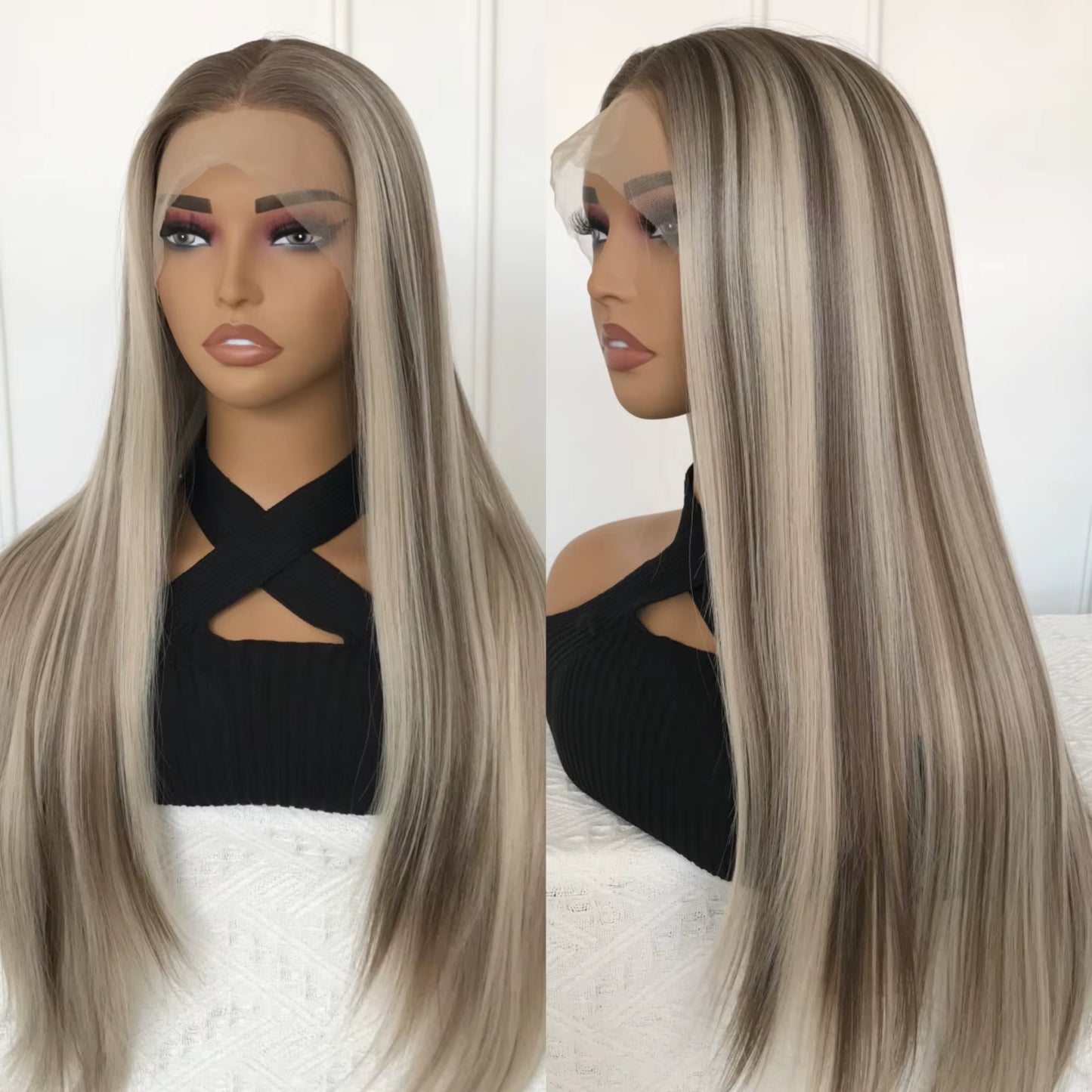 Highlight Brown 13X4 Lace Front Wig Long Straight Synthetic Lace Wigs for Women Middle Part Highlight Blonde Balayage Lace Wig