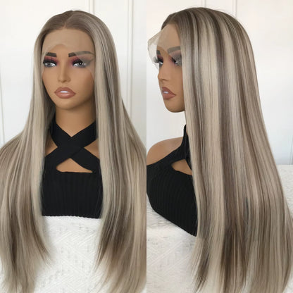 Highlight Brown 13X4 Lace Front Wig Long Straight Synthetic Lace Wigs for Women Middle Part Highlight Blonde Balayage Lace Wig