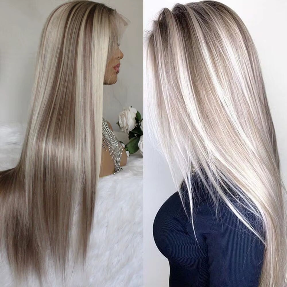 Highlight Brown 13X4 Lace Front Wig Long Straight Synthetic Lace Wigs for Women Middle Part Highlight Blonde Balayage Lace Wig