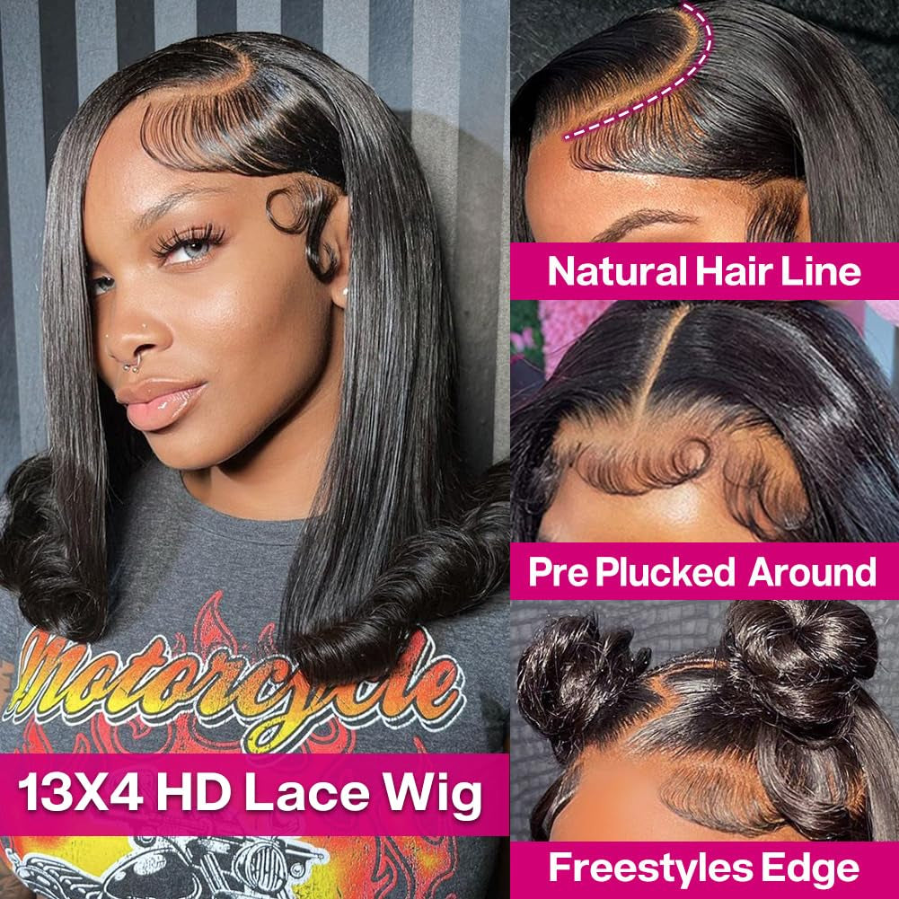 Bob Wig Human Hair 13X4 HD Lace Front Wig Glueless Wigs Human Hair Pre Plucked Short Bob Lace Front Wigs Human Hair for Black Women Nature Hairline 14 Inch 180% Density