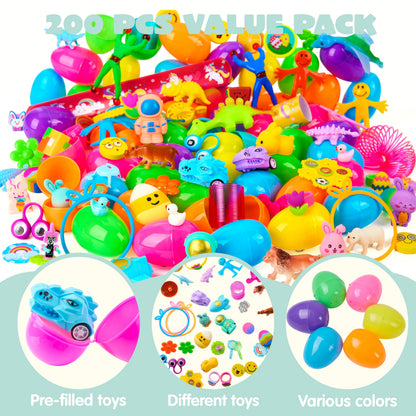 200 Packs Prefilled Easter Eggs with Assorted Toys,2.3" Easter Egg Bulk for Kids,Easter Eggs Hunt Events,Basket Stuffers Fillers,Classroom Prize Supplies