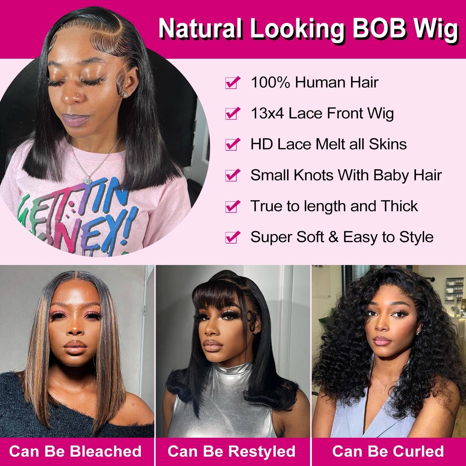 Bob Wig Human Hair 13X4 HD Lace Front Wig Glueless Wigs Human Hair Pre Plucked Short Bob Lace Front Wigs Human Hair for Black Women Nature Hairline 14 Inch 180% Density