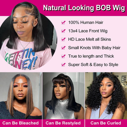 Bob Wig Human Hair 13X4 HD Lace Front Wig Glueless Wigs Human Hair Pre Plucked Short Bob Lace Front Wigs Human Hair for Black Women Nature Hairline 14 Inch 180% Density