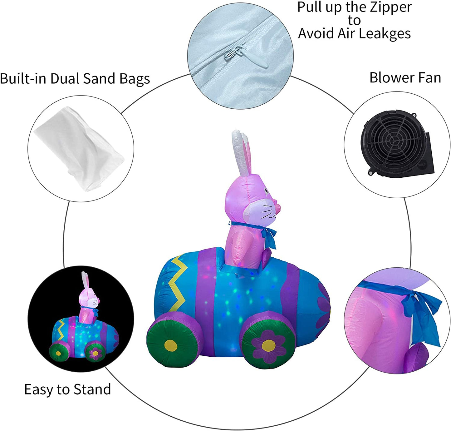 4Ft Easter Inflatables Bunny Decorations with LED Lights，Happy Easter Bunny Blow up Yard Indoor Outdoor Holiday Decor