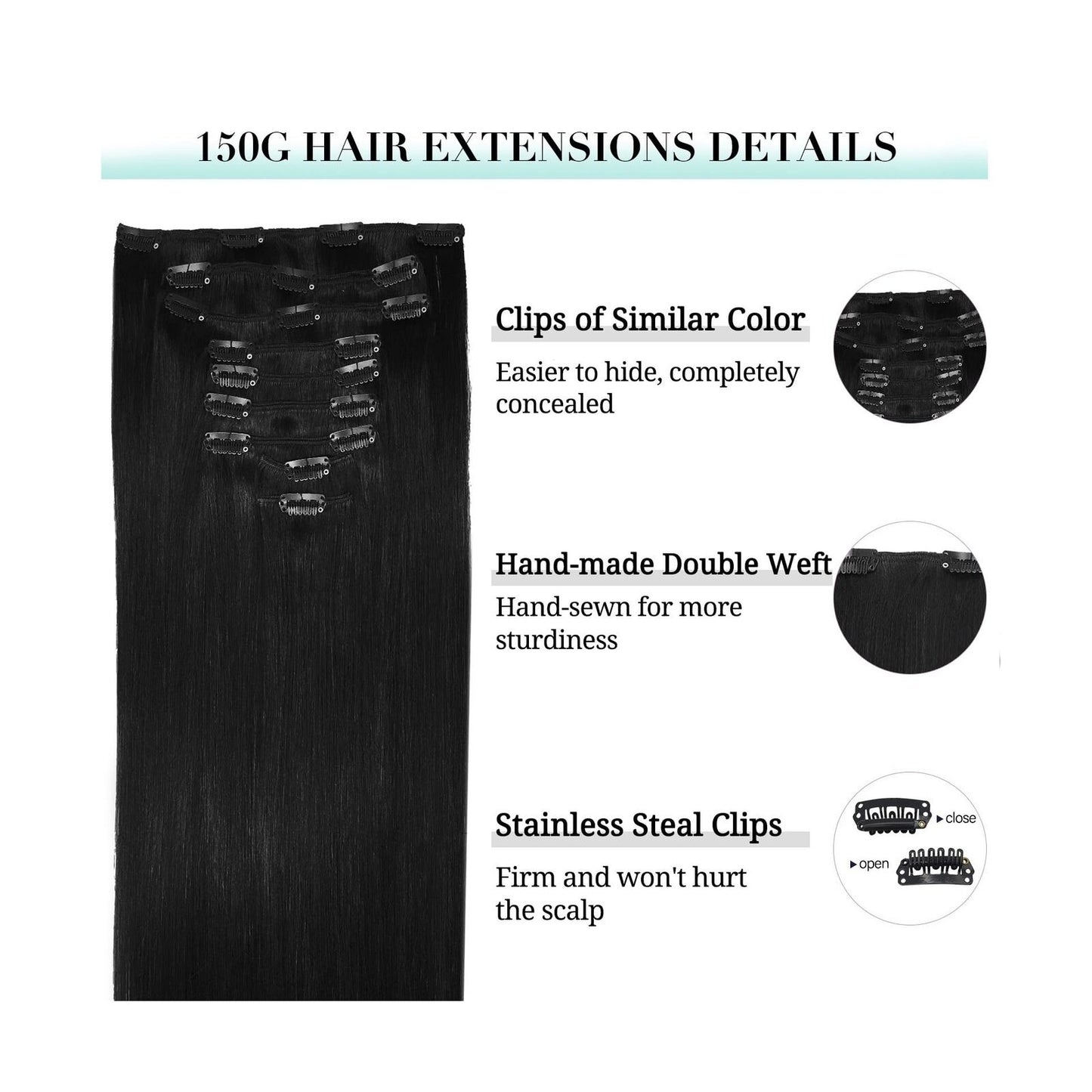 DOORES Hair Extensions Real Human Hair, Jet Black 150G 9Pcs 18 Inch, Clip in ...