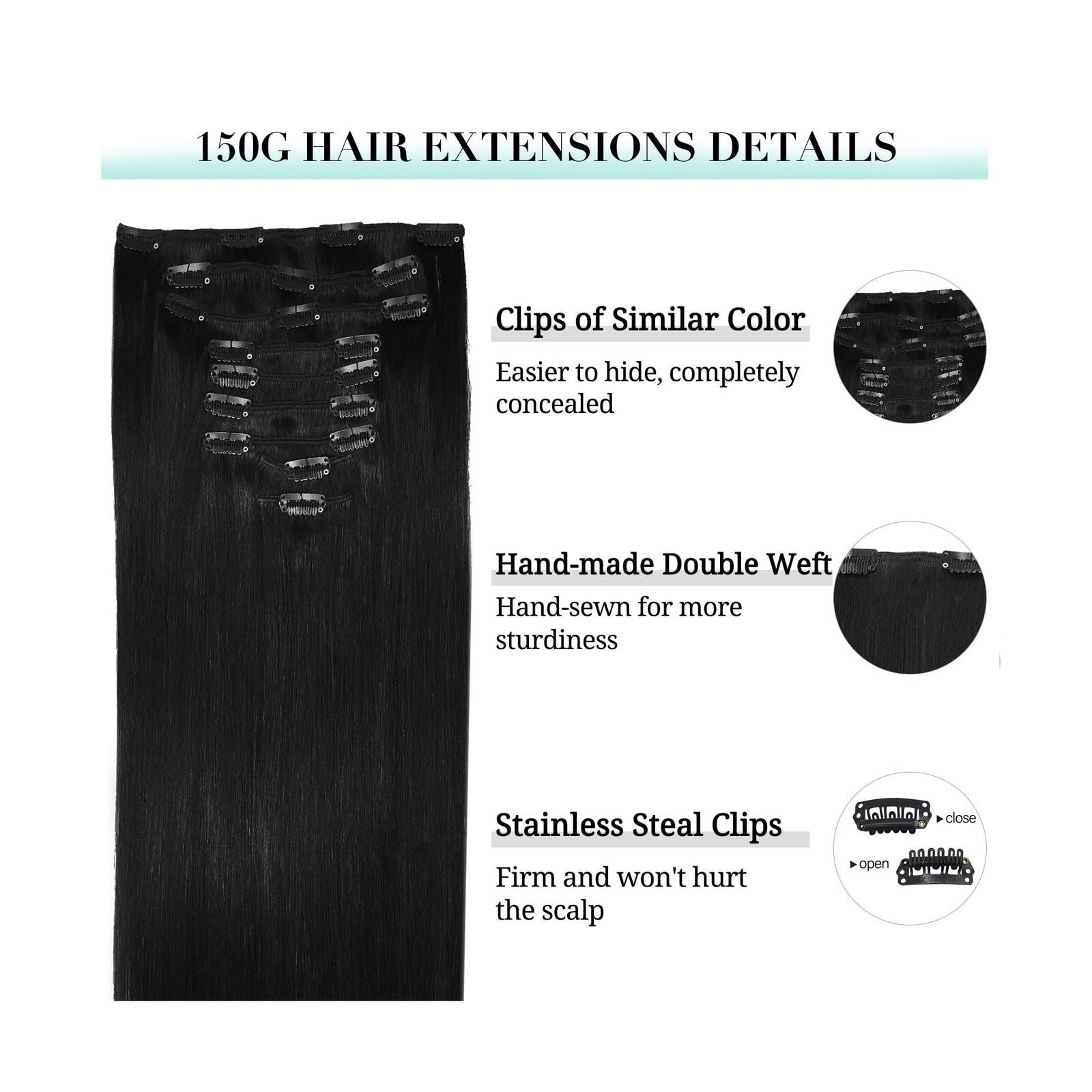 DOORES Hair Extensions Real Human Hair, Jet Black 150G 9Pcs 18 Inch, Clip in ...