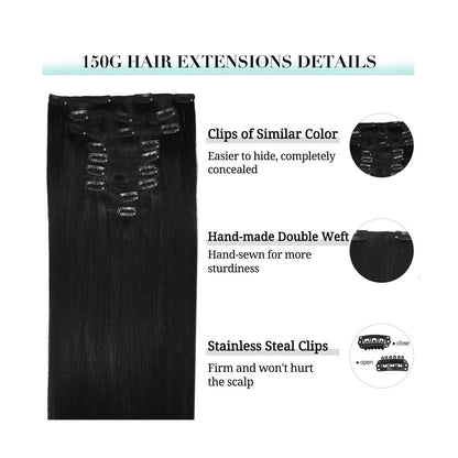 DOORES Hair Extensions Real Human Hair, Jet Black 150G 9Pcs 18 Inch, Clip in ...