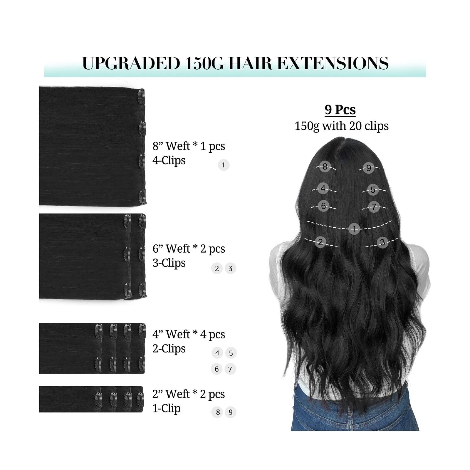 DOORES Hair Extensions Real Human Hair, Jet Black 150G 9Pcs 18 Inch, Clip in ...