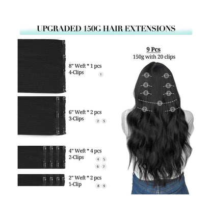 DOORES Hair Extensions Real Human Hair, Jet Black 150G 9Pcs 18 Inch, Clip in ...