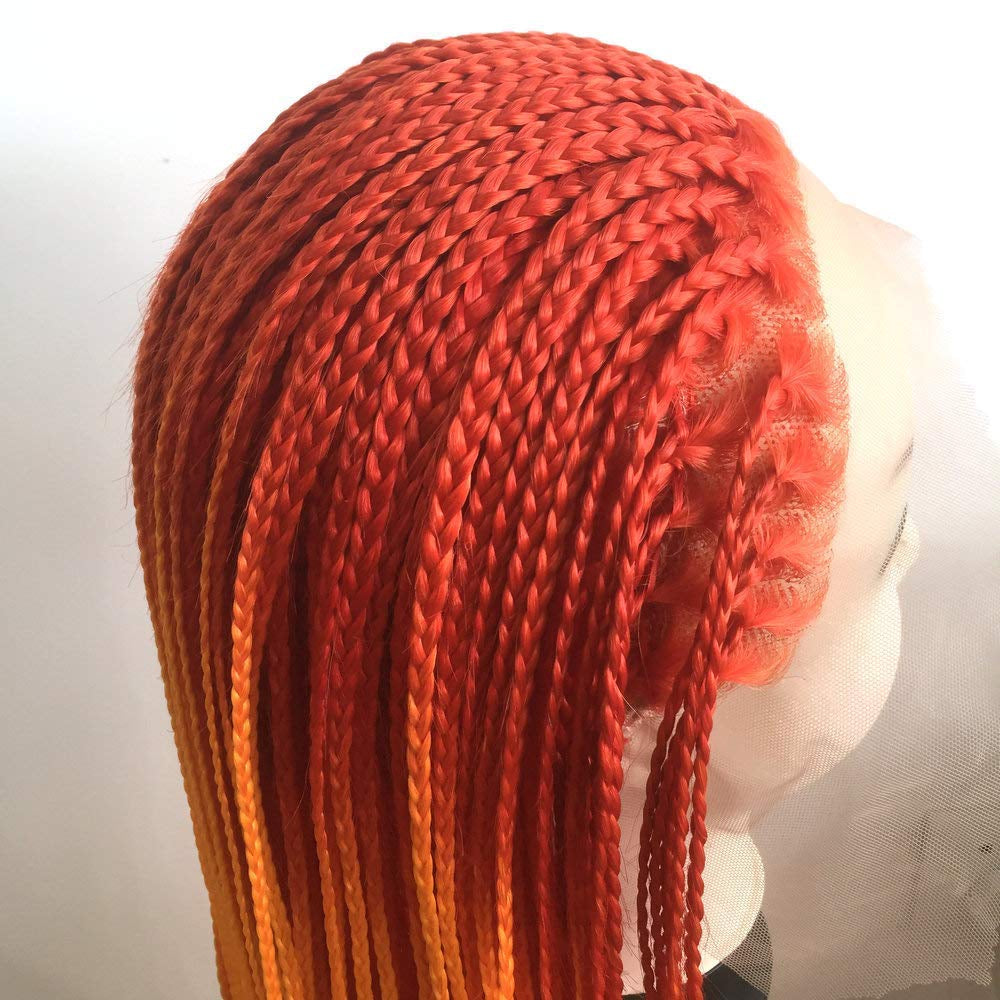 Long Braided Wig Ombre Orange Fluorescent Orange Braided Lace Front Wigs for Women Hand Knoted-Braided Hair Soft Braids Orange Glueless Synthetic Box Micro Braid Wig Cosplay Makeup Daily 24Inch
