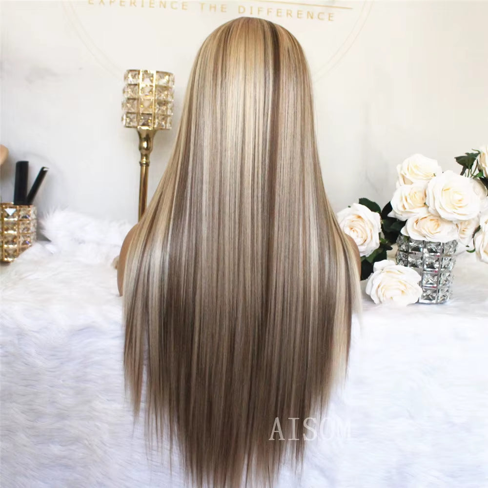 Highlight Brown 13X4 Lace Front Wig Long Straight Synthetic Lace Wigs for Women Middle Part Highlight Blonde Balayage Lace Wig