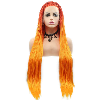 Long Braided Wig Ombre Orange Fluorescent Orange Braided Lace Front Wigs for Women Hand Knoted-Braided Hair Soft Braids Orange Glueless Synthetic Box Micro Braid Wig Cosplay Makeup Daily 24Inch