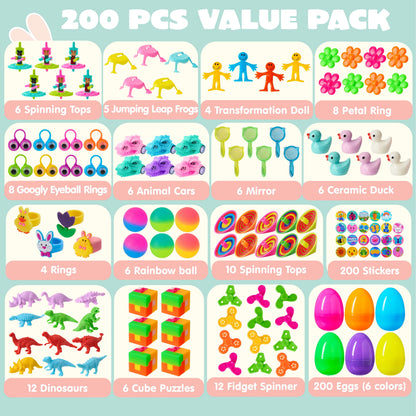 200 Packs Prefilled Easter Eggs with Assorted Toys,2.3" Easter Egg Bulk for Kids,Easter Eggs Hunt Events,Basket Stuffers Fillers,Classroom Prize Supplies