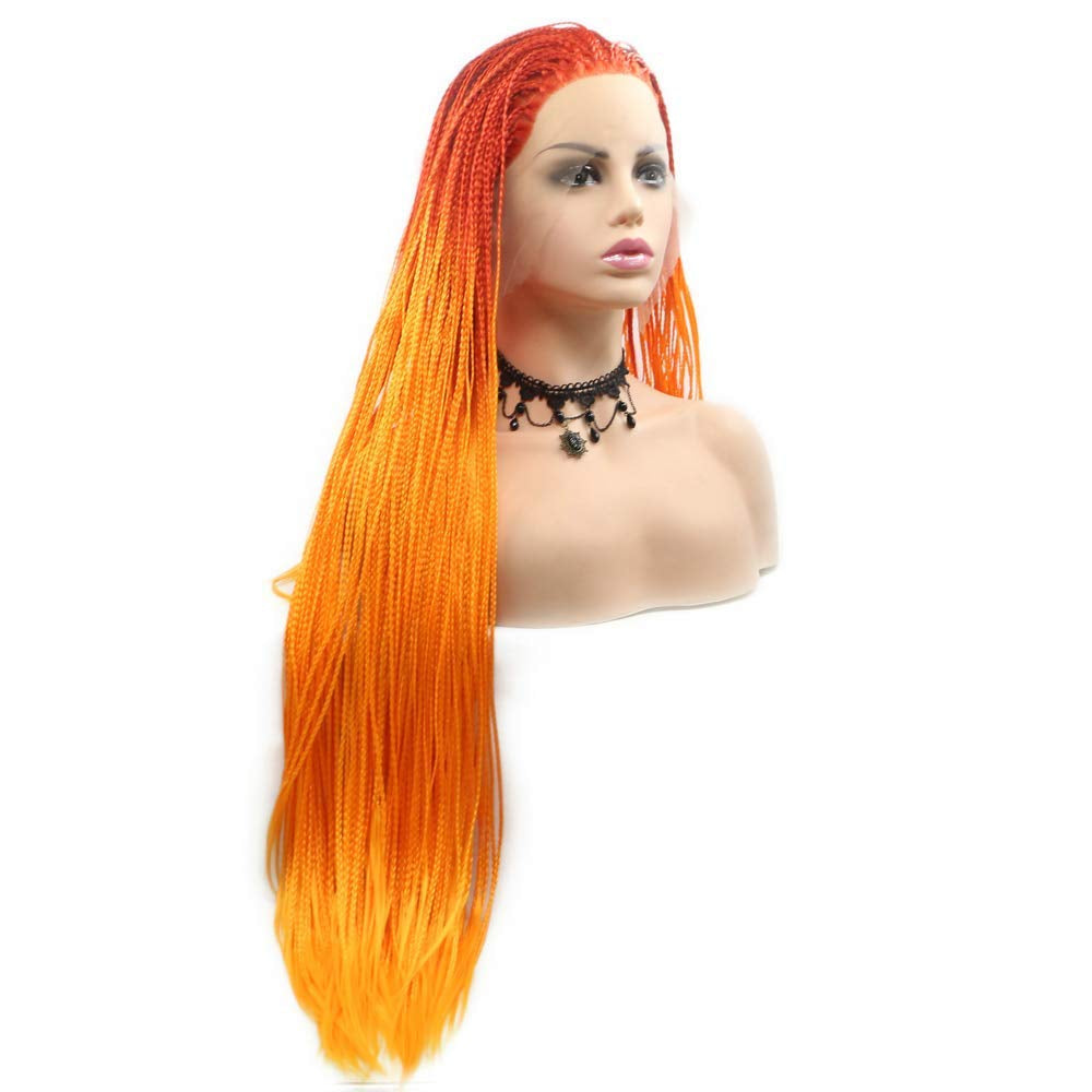 Long Braided Wig Ombre Orange Fluorescent Orange Braided Lace Front Wigs for Women Hand Knoted-Braided Hair Soft Braids Orange Glueless Synthetic Box Micro Braid Wig Cosplay Makeup Daily 24Inch