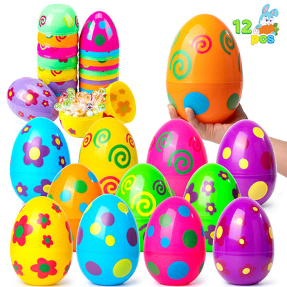 12 Pcs Large Printed Easter Eggs, 6" Jumbo Plastic Empty Fillable for Easter Egg Hunt, Basket Stuffers/Fillers, Filling Treats, Party Favors Supplies, Classroom Prizes