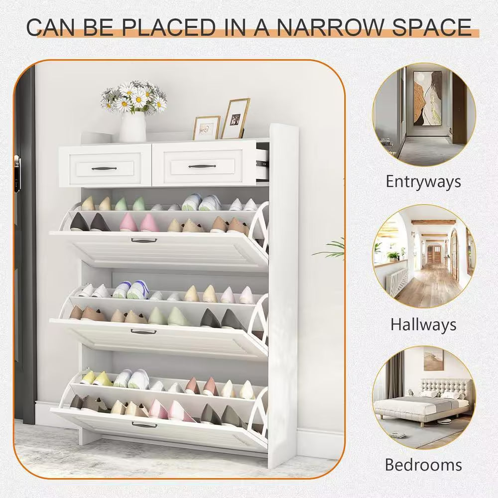 31.5 In. W X 47 In. H 24-Pair White Wood Foldable Shoe Storage Cabinet with 3-Doors 2-Drawers Shoe Rack Organizer