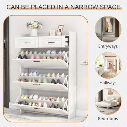 31.5 In. W X 47 In. H 24-Pair White Wood Foldable Shoe Storage Cabinet with 3-Doors 2-Drawers Shoe Rack Organizer