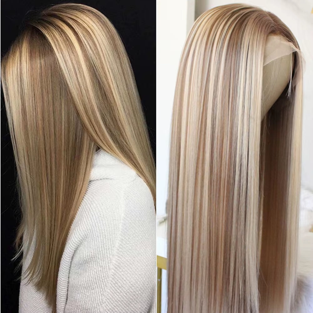 Highlight Brown 13X4 Lace Front Wig Long Straight Synthetic Lace Wigs for Women Middle Part Highlight Blonde Balayage Lace Wig