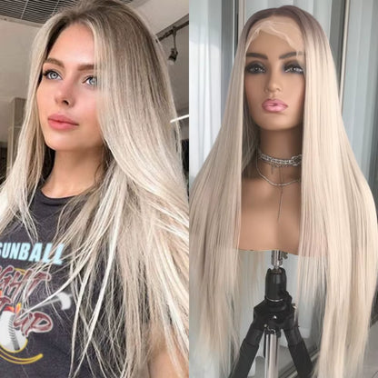Highlight Brown 13X4 Lace Front Wig Long Straight Synthetic Lace Wigs for Women Middle Part Highlight Blonde Balayage Lace Wig