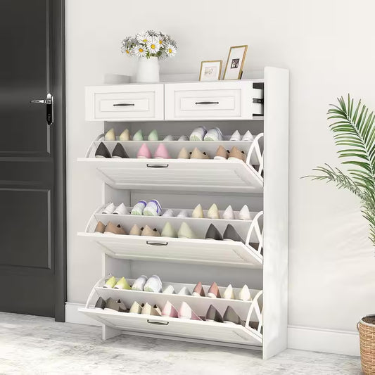 31.5 In. W X 47 In. H 24-Pair White Wood Foldable Shoe Storage Cabinet with 3-Doors 2-Drawers Shoe Rack Organizer