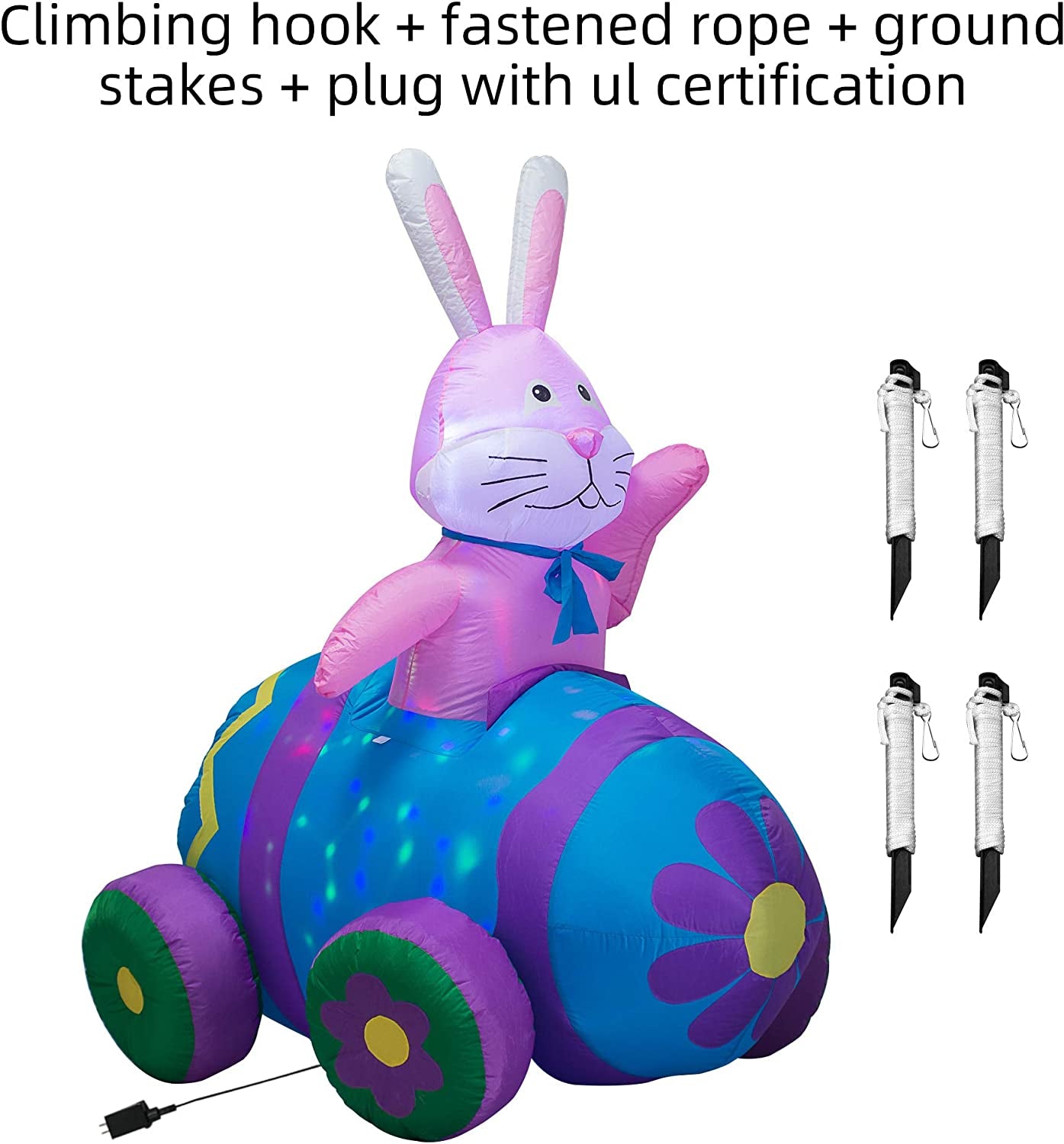 4Ft Easter Inflatables Bunny Decorations with LED Lights，Happy Easter Bunny Blow up Yard Indoor Outdoor Holiday Decor