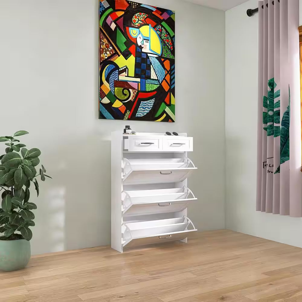 31.5 In. W X 47 In. H 24-Pair White Wood Foldable Shoe Storage Cabinet with 3-Doors 2-Drawers Shoe Rack Organizer