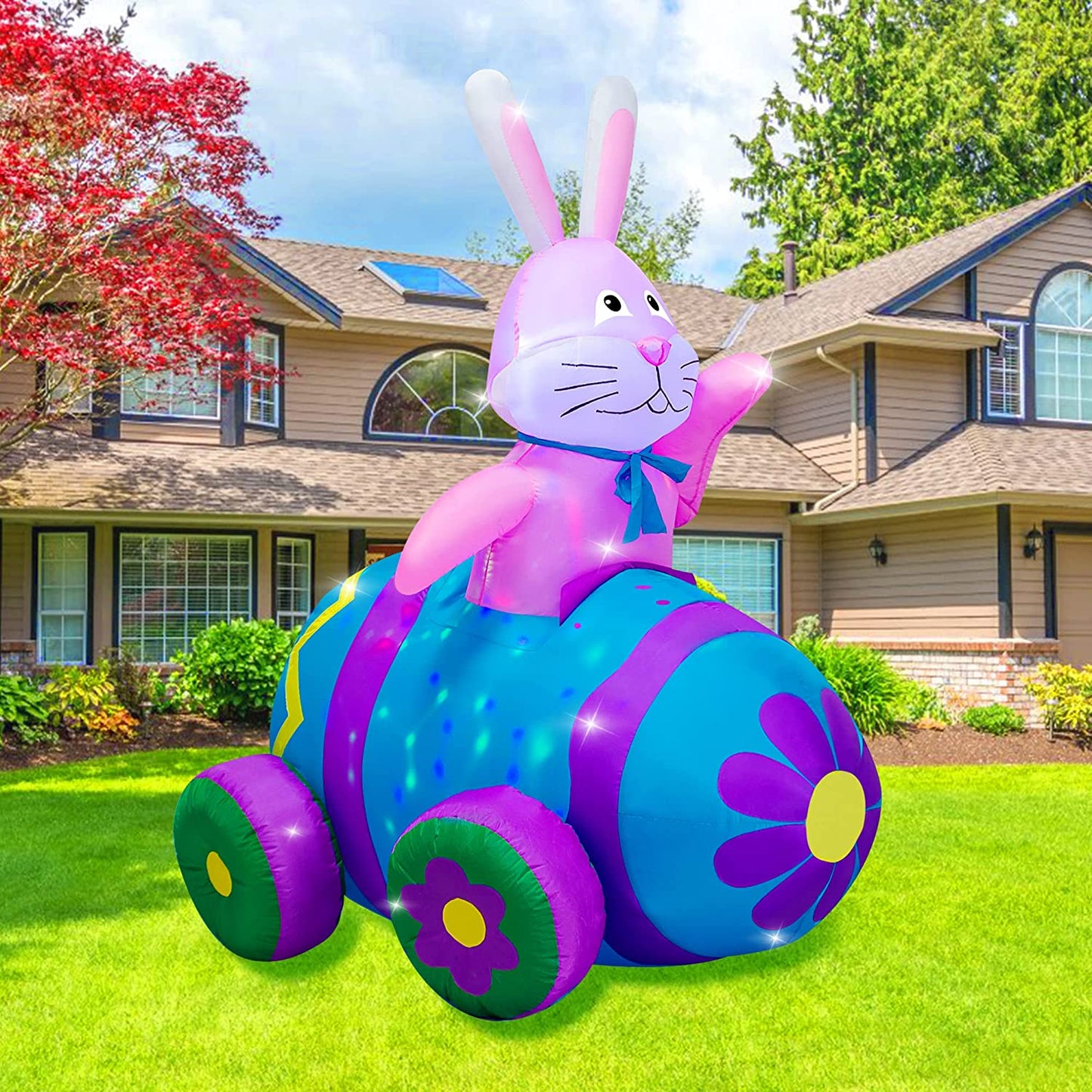4Ft Easter Inflatables Bunny Decorations with LED Lights，Happy Easter Bunny Blow up Yard Indoor Outdoor Holiday Decor