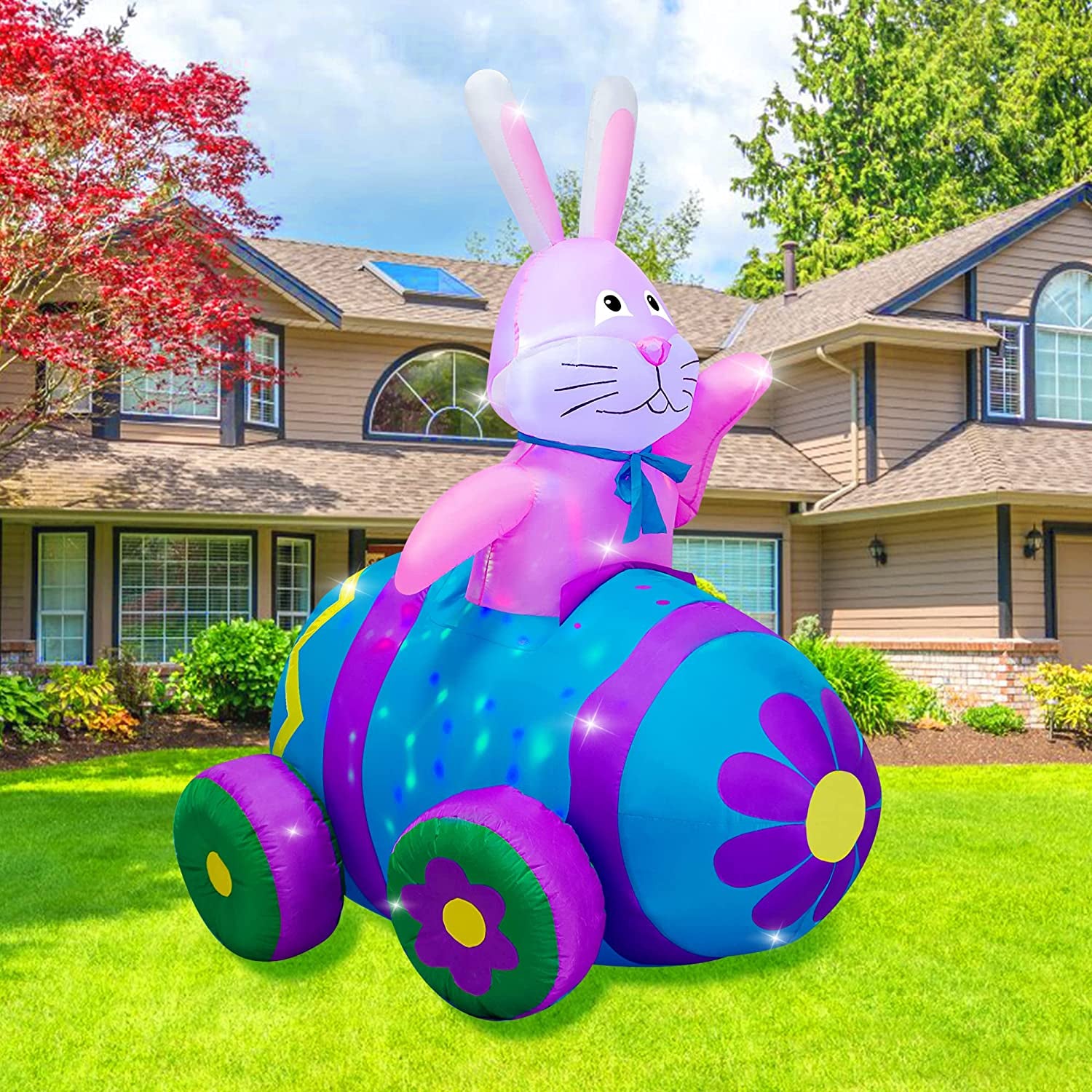 4Ft Easter Inflatables Bunny Decorations with LED Lights，Happy Easter Bunny Blow up Yard Indoor Outdoor Holiday Decor