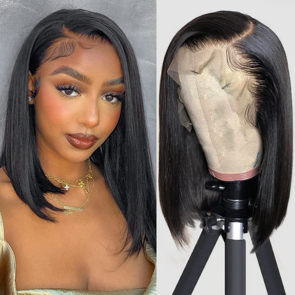 Bob Wig Human Hair 13X4 HD Lace Front Wig Glueless Wigs Human Hair Pre Plucked Short Bob Lace Front Wigs Human Hair for Black Women Nature Hairline 14 Inch 180% Density