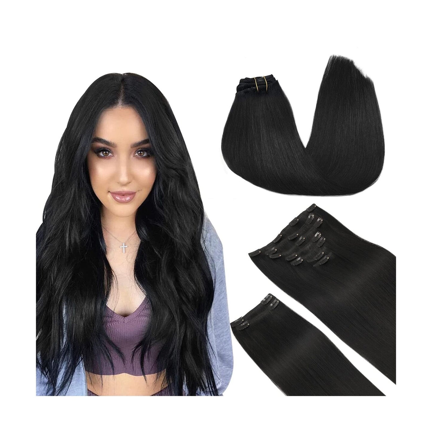 DOORES Hair Extensions Real Human Hair, Jet Black 150G 9Pcs 18 Inch, Clip in ...