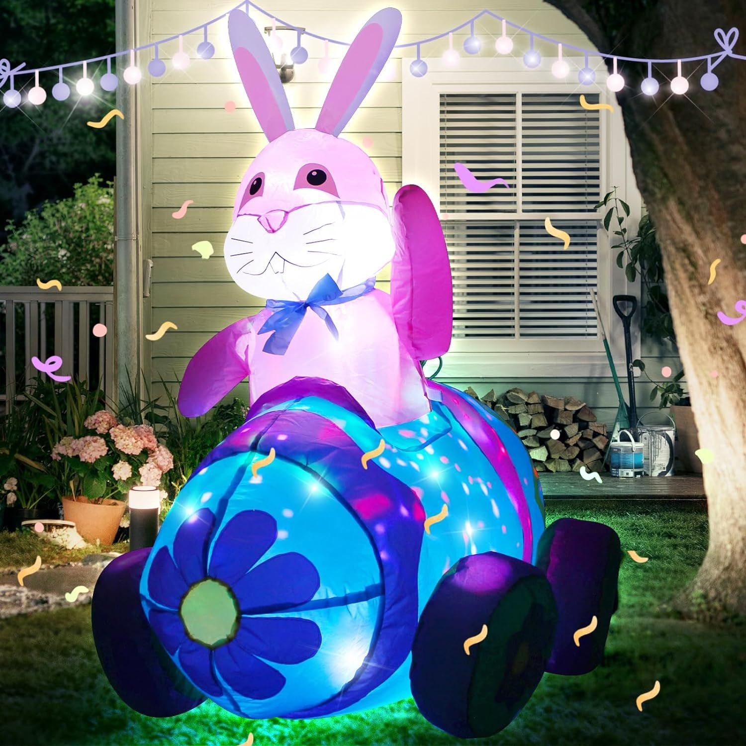 4Ft Easter Inflatables Bunny Decorations with LED Lights，Happy Easter Bunny Blow up Yard Indoor Outdoor Holiday Decor