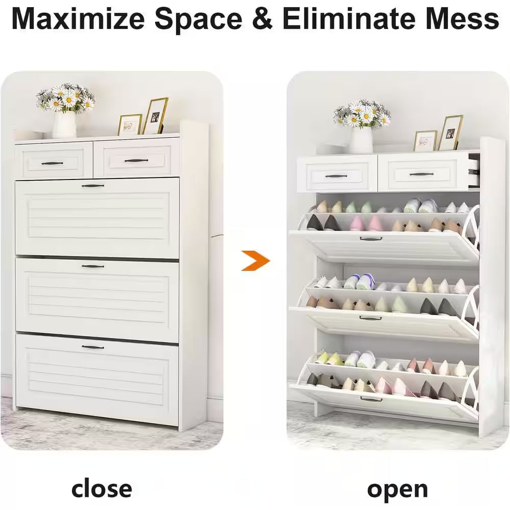 31.5 In. W X 47 In. H 24-Pair White Wood Foldable Shoe Storage Cabinet with 3-Doors 2-Drawers Shoe Rack Organizer